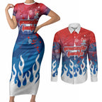Personalized Newcastle Knights Couples Matching Short Sleeve Bodycon Dress and Long Sleeve Button Shirt Y2K Grunge Aesthetic With Cyber Flames and Starburst Graphics