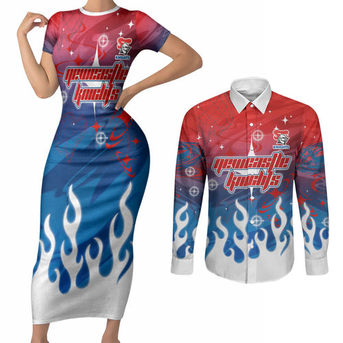 Personalized Newcastle Knights Couples Matching Short Sleeve Bodycon Dress and Long Sleeve Button Shirt Y2K Grunge Aesthetic With Cyber Flames and Starburst Graphics