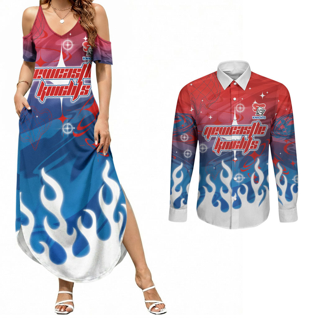Personalized Newcastle Knights Couples Matching Summer Maxi Dress and Long Sleeve Button Shirt Y2K Grunge Aesthetic With Cyber Flames and Starburst Graphics