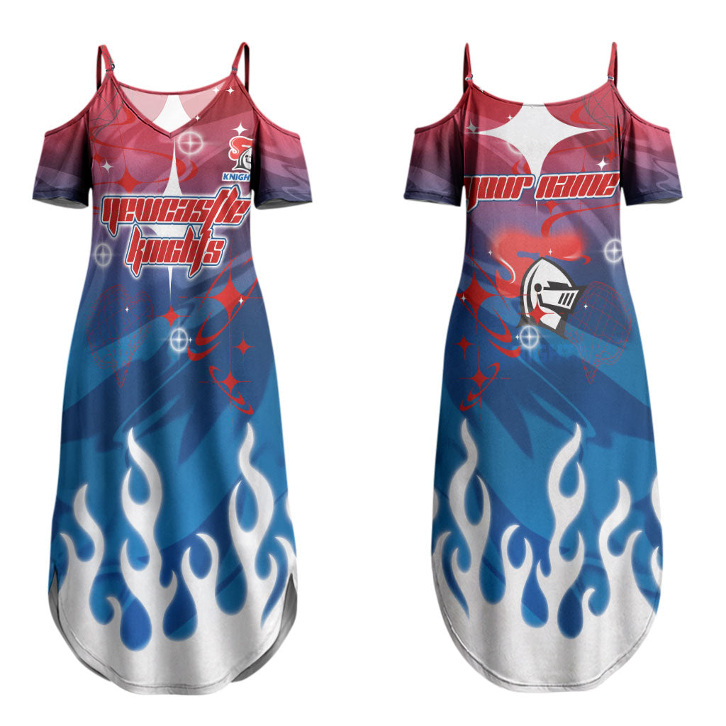 Personalized Newcastle Knights Couples Matching Summer Maxi Dress and Long Sleeve Button Shirt Y2K Grunge Aesthetic With Cyber Flames and Starburst Graphics