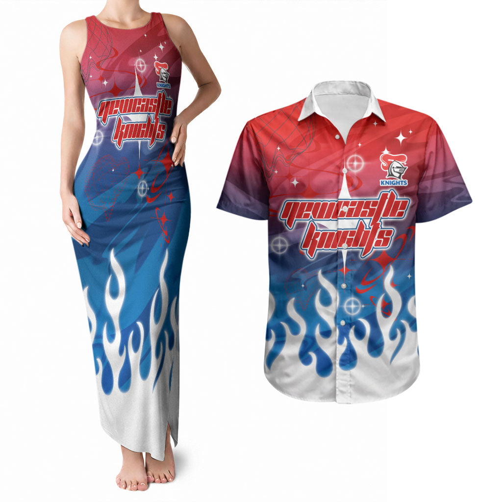 Personalized Newcastle Knights Couples Matching Tank Maxi Dress and Hawaiian Shirt Y2K Grunge Aesthetic With Cyber Flames and Starburst Graphics
