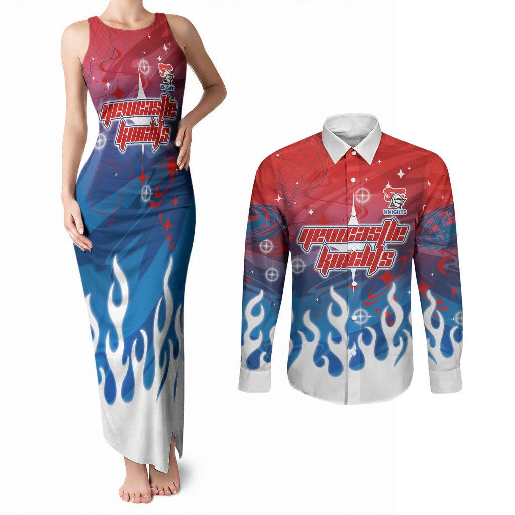Personalized Newcastle Knights Couples Matching Tank Maxi Dress and Long Sleeve Button Shirt Y2K Grunge Aesthetic With Cyber Flames and Starburst Graphics