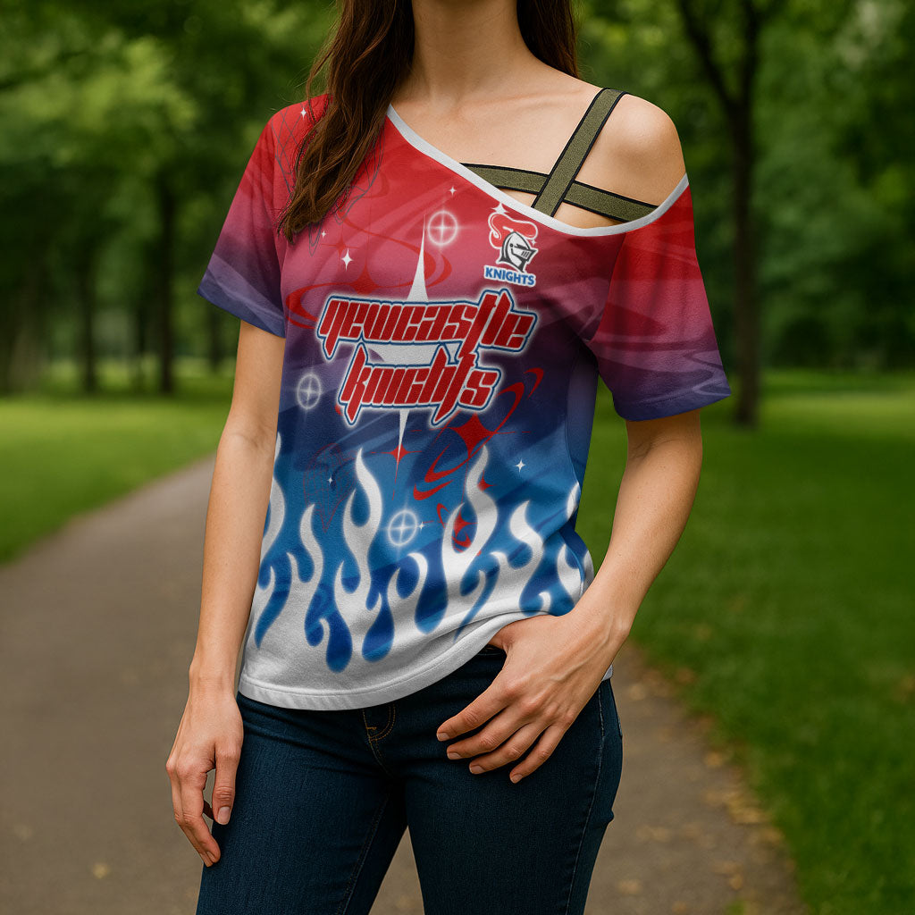 Personalized Newcastle Knights Cross Shoulder Shirt Y2K Grunge Aesthetic With Cyber Flames and Starburst Graphics