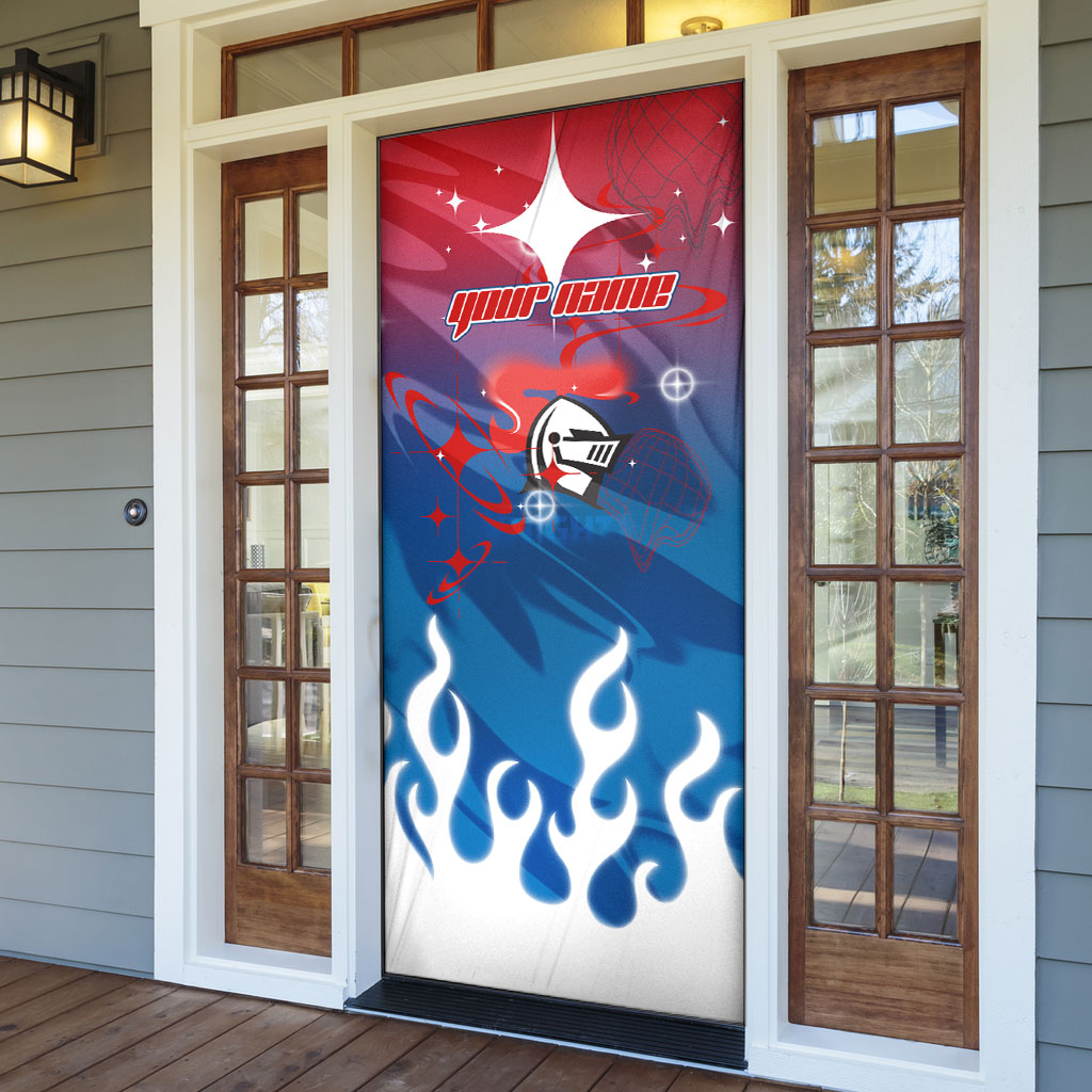 Personalized Newcastle Knights Door Cover Y2K Grunge Aesthetic With Cyber Flames and Starburst Graphics