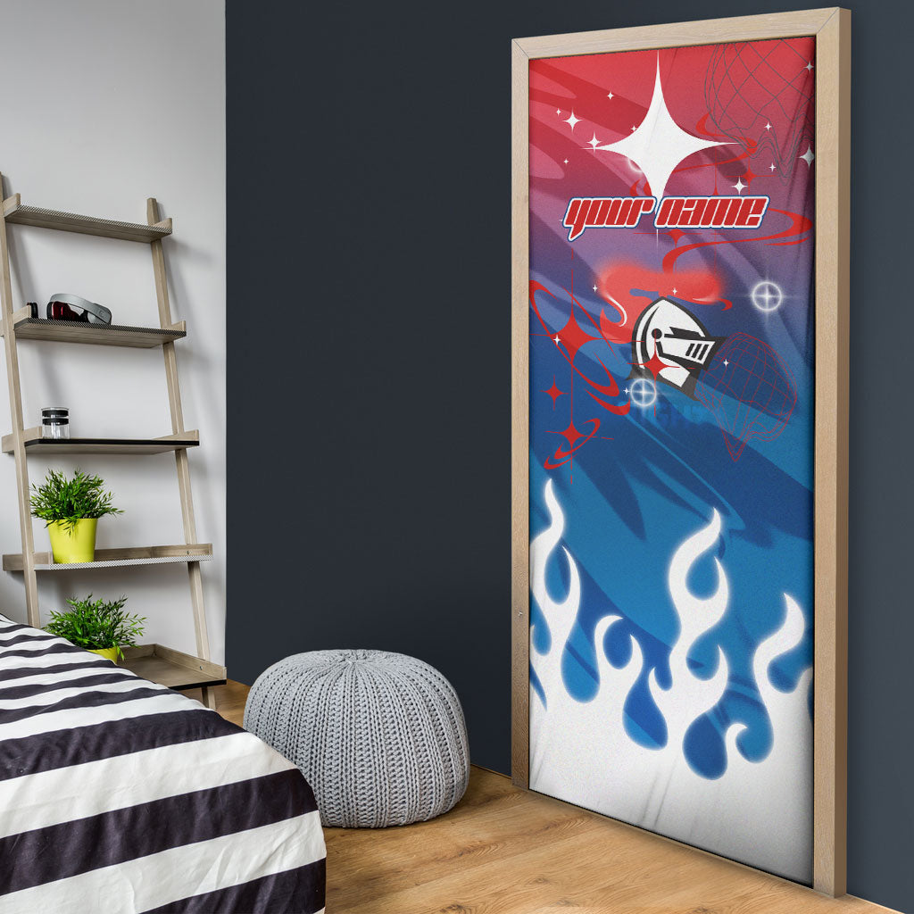 Personalized Newcastle Knights Door Cover Y2K Grunge Aesthetic With Cyber Flames and Starburst Graphics
