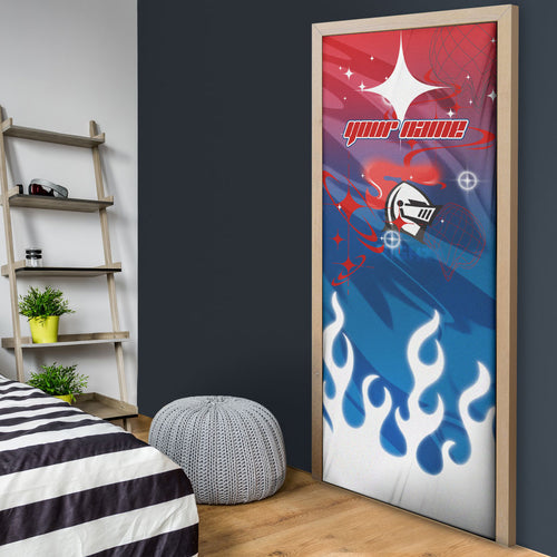Personalized Newcastle Knights Door Cover Y2K Grunge Aesthetic With Cyber Flames and Starburst Graphics