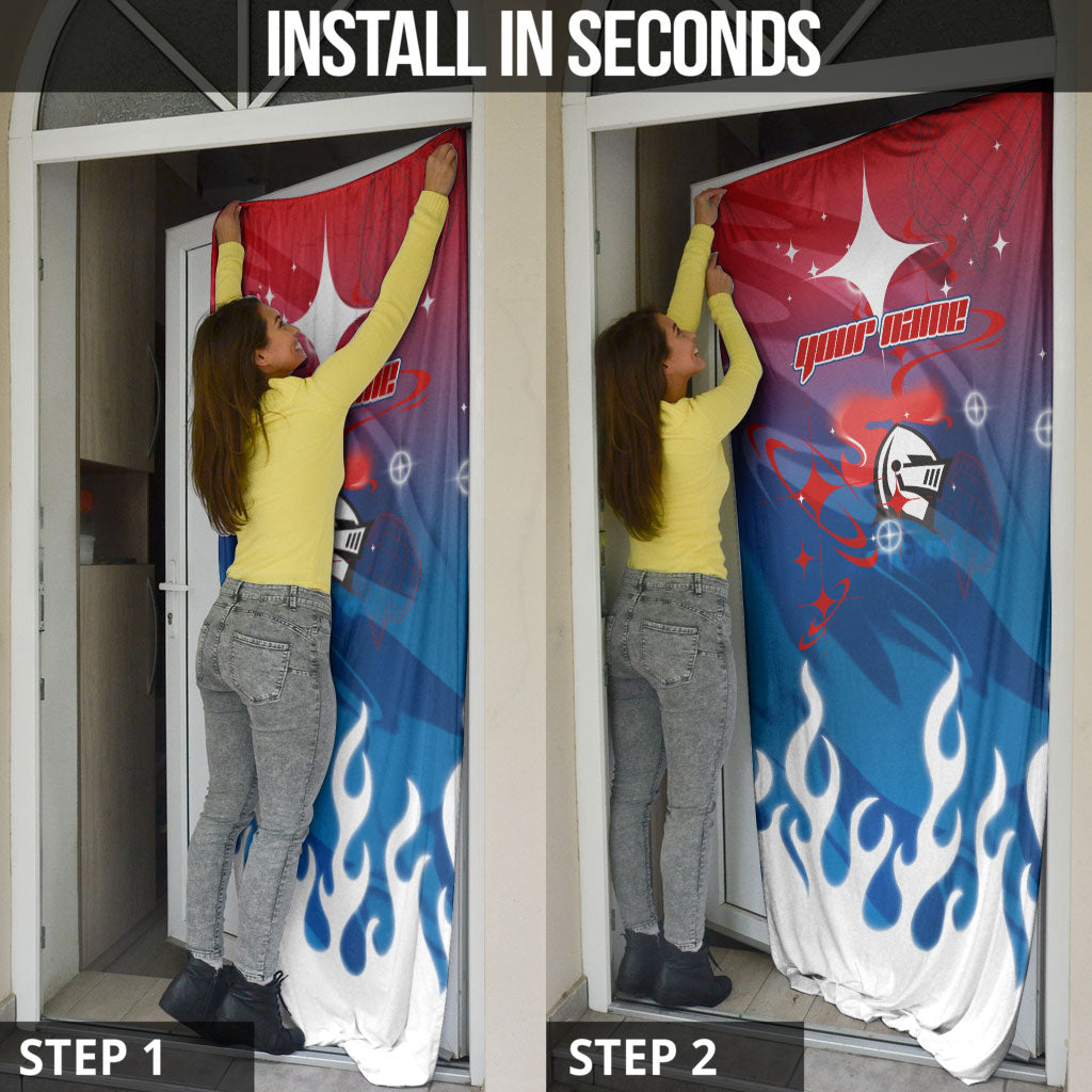 Personalized Newcastle Knights Door Cover Y2K Grunge Aesthetic With Cyber Flames and Starburst Graphics