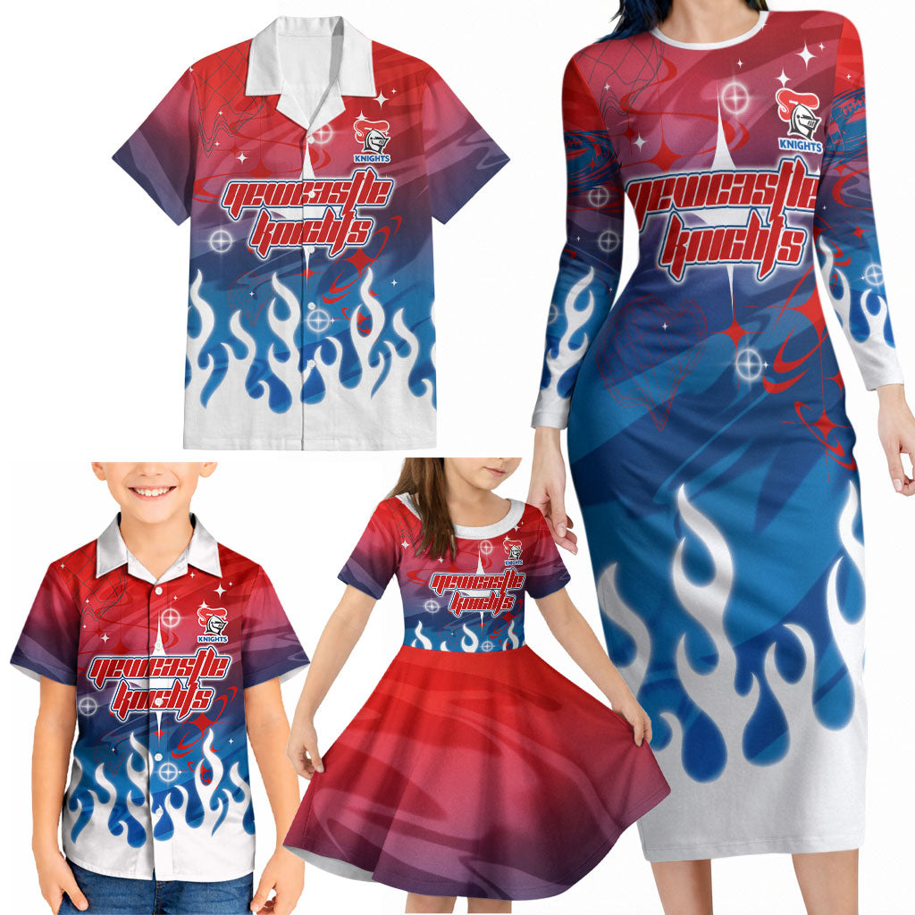 Personalized Newcastle Knights Family Matching Long Sleeve Bodycon Dress and Hawaiian Shirt Y2K Grunge Aesthetic With Cyber Flames and Starburst Graphics
