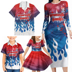 Personalized Newcastle Knights Family Matching Long Sleeve Bodycon Dress and Hawaiian Shirt Y2K Grunge Aesthetic With Cyber Flames and Starburst Graphics