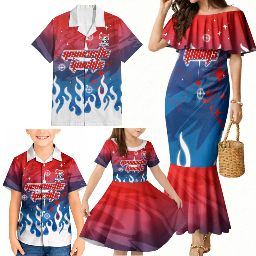 Personalized Newcastle Knights Family Matching Mermaid Dress and Hawaiian Shirt Y2K Grunge Aesthetic With Cyber Flames and Starburst Graphics