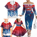 Personalized Newcastle Knights Family Matching Off The Shoulder Long Sleeve Dress and Hawaiian Shirt Y2K Grunge Aesthetic With Cyber Flames and Starburst Graphics