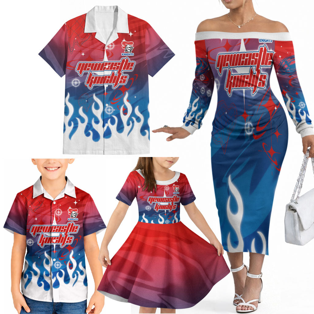 Personalized Newcastle Knights Family Matching Off The Shoulder Long Sleeve Dress and Hawaiian Shirt Y2K Grunge Aesthetic With Cyber Flames and Starburst Graphics