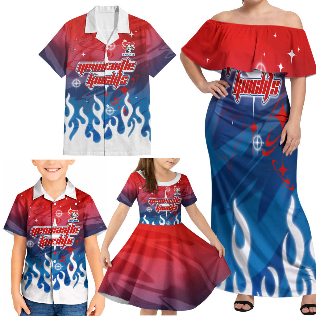 Personalized Newcastle Knights Family Matching Off Shoulder Maxi Dress and Hawaiian Shirt Y2K Grunge Aesthetic With Cyber Flames and Starburst Graphics