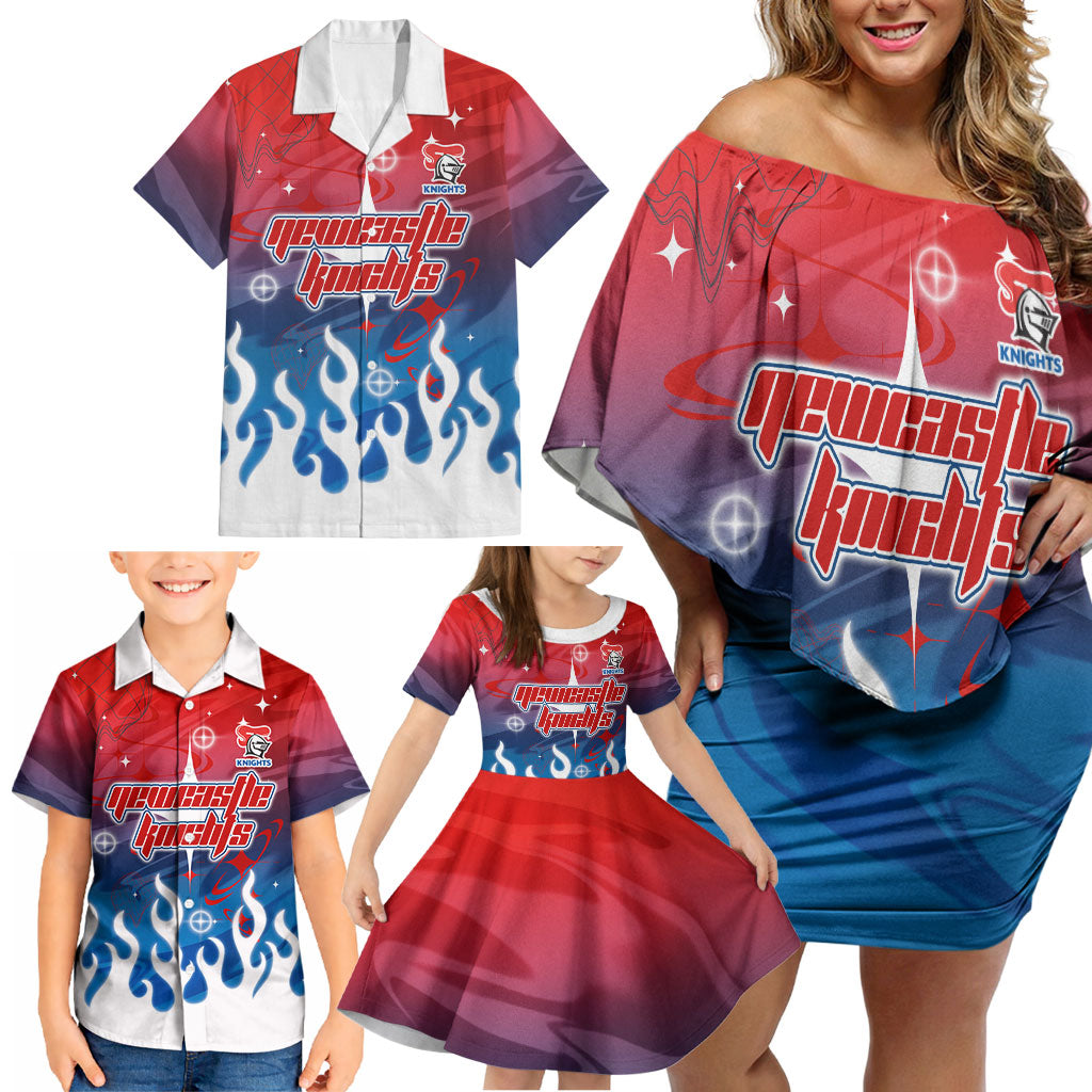 Personalized Newcastle Knights Family Matching Off Shoulder Short Dress and Hawaiian Shirt Y2K Grunge Aesthetic With Cyber Flames and Starburst Graphics