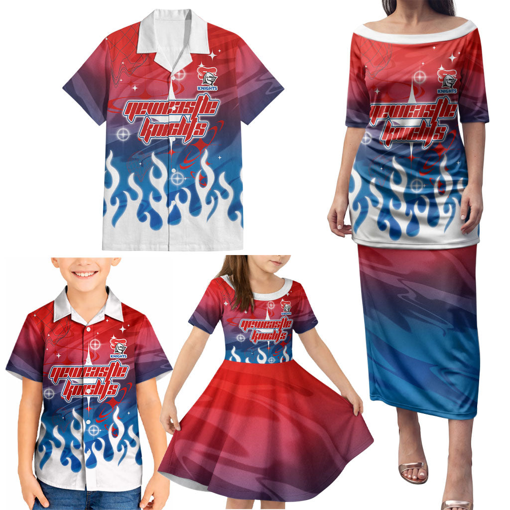 Personalized Newcastle Knights Family Matching Puletasi and Hawaiian Shirt Y2K Grunge Aesthetic With Cyber Flames and Starburst Graphics