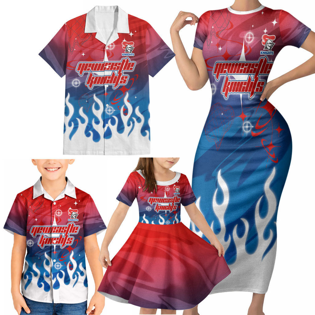 Personalized Newcastle Knights Family Matching Short Sleeve Bodycon Dress and Hawaiian Shirt Y2K Grunge Aesthetic With Cyber Flames and Starburst Graphics