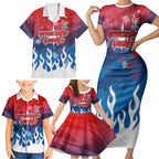 Personalized Newcastle Knights Family Matching Short Sleeve Bodycon Dress and Hawaiian Shirt Y2K Grunge Aesthetic With Cyber Flames and Starburst Graphics