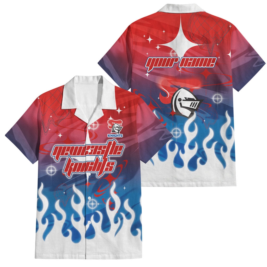 Personalized Newcastle Knights Family Matching Short Sleeve Bodycon Dress and Hawaiian Shirt Y2K Grunge Aesthetic With Cyber Flames and Starburst Graphics