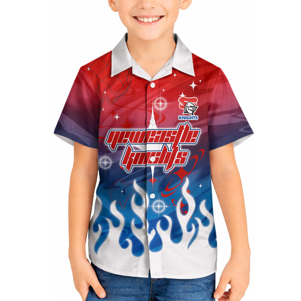 Personalized Newcastle Knights Hawaiian Shirt Y2K Grunge Aesthetic With Cyber Flames and Starburst Graphics