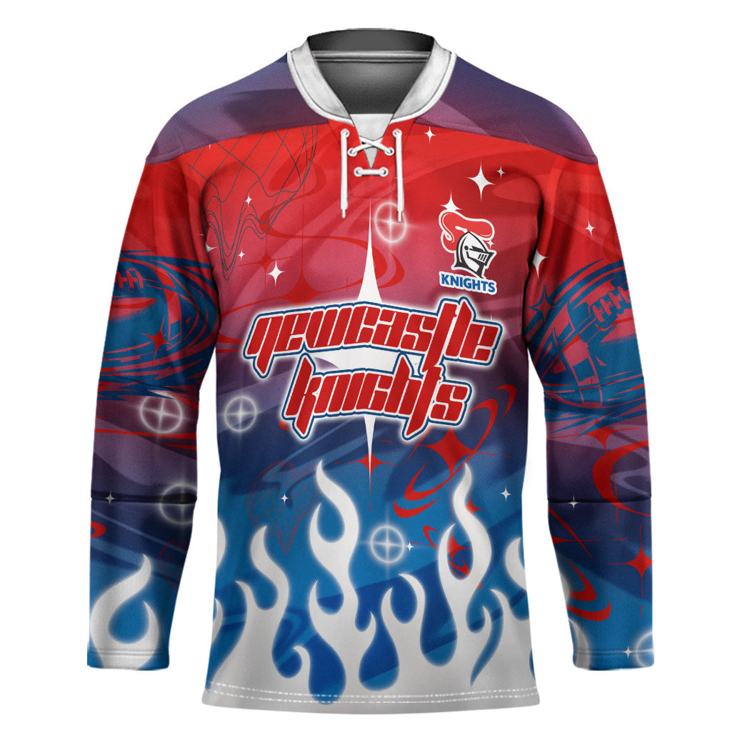 Personalized Newcastle Knights Hockey Jersey Y2K Grunge Aesthetic With Cyber Flames and Starburst Graphics