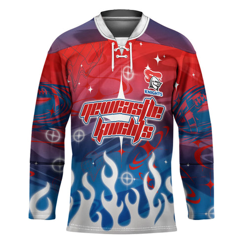Personalized Newcastle Knights Hockey Jersey Y2K Grunge Aesthetic With Cyber Flames and Starburst Graphics