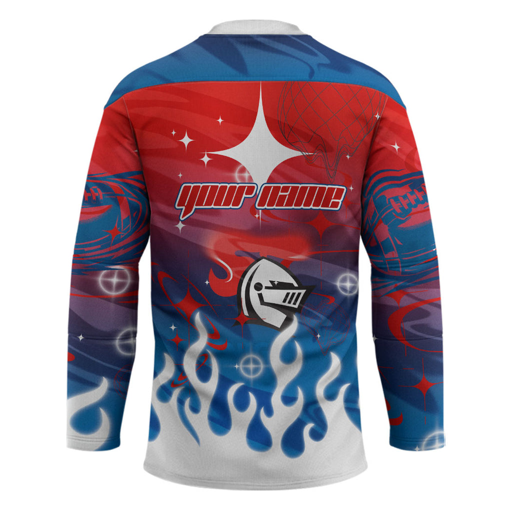 Personalized Newcastle Knights Hockey Jersey Y2K Grunge Aesthetic With Cyber Flames and Starburst Graphics