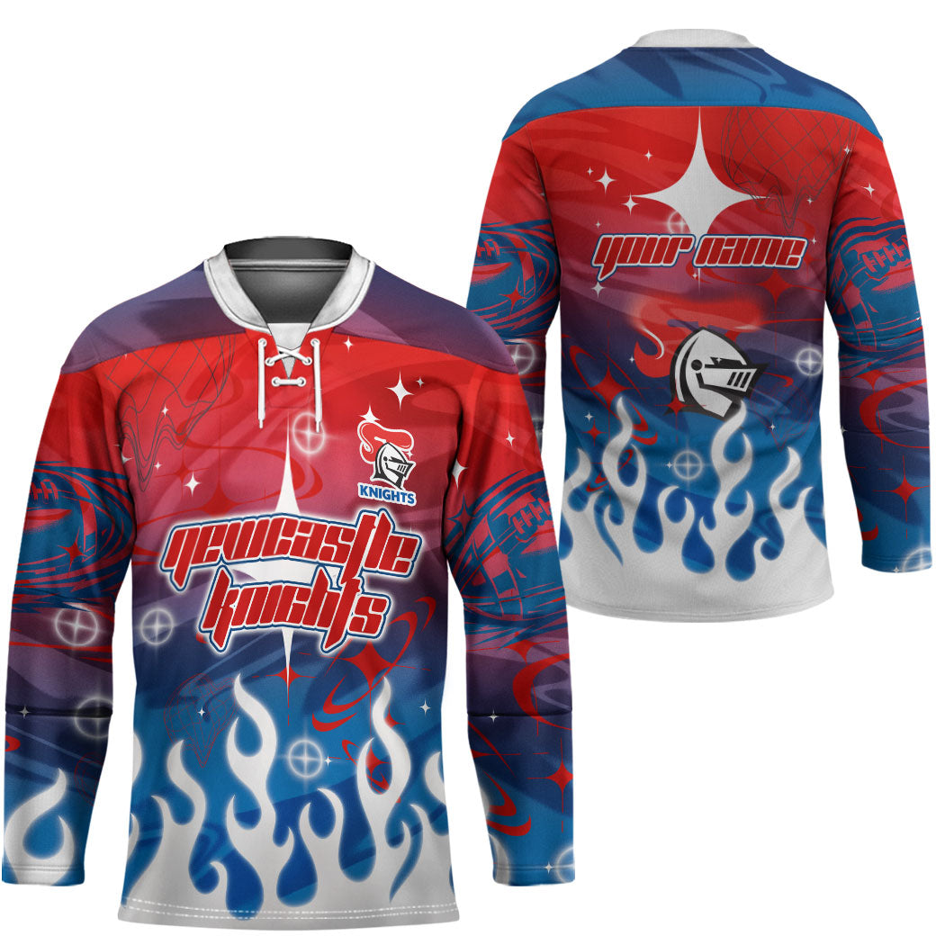Personalized Newcastle Knights Hockey Jersey Y2K Grunge Aesthetic With Cyber Flames and Starburst Graphics