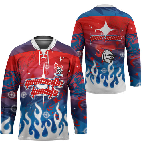 Personalized Newcastle Knights Hockey Jersey Y2K Grunge Aesthetic With Cyber Flames and Starburst Graphics