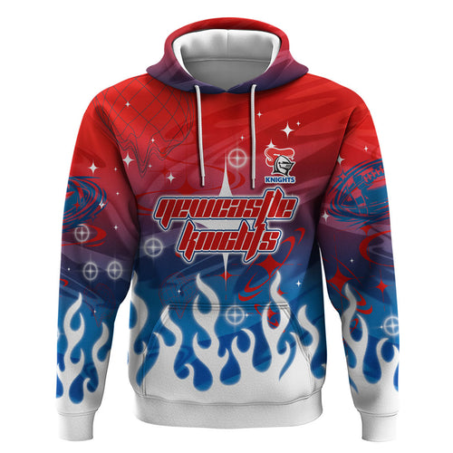 Personalized Newcastle Knights Hoodie Y2K Grunge Aesthetic With Cyber Flames and Starburst Graphics