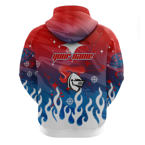 Personalized Newcastle Knights Hoodie Y2K Grunge Aesthetic With Cyber Flames and Starburst Graphics