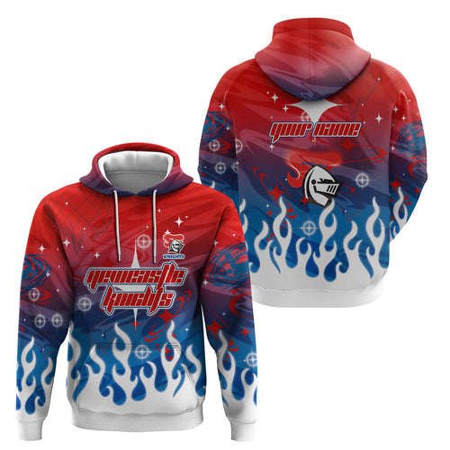 Personalized Newcastle Knights Hoodie Y2K Grunge Aesthetic With Cyber Flames and Starburst Graphics