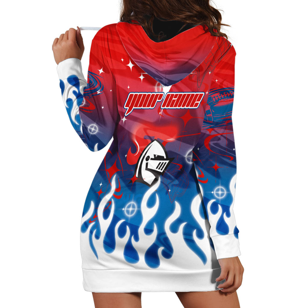 Personalized Newcastle Knights Hoodie Dress Y2K Grunge Aesthetic With Cyber Flames and Starburst Graphics