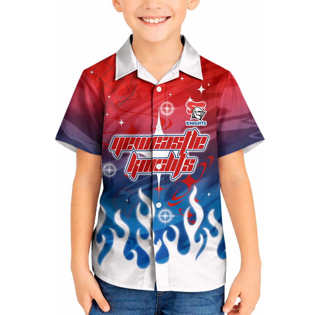 Personalized Newcastle Knights Kid Hawaiian Shirt Y2K Grunge Aesthetic With Cyber Flames and Starburst Graphics