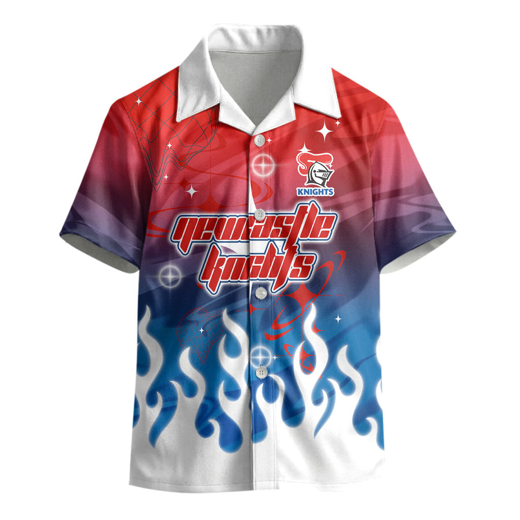 Personalized Newcastle Knights Kid Hawaiian Shirt Y2K Grunge Aesthetic With Cyber Flames and Starburst Graphics