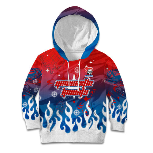 Personalized Newcastle Knights Kid Hoodie Y2K Grunge Aesthetic With Cyber Flames and Starburst Graphics