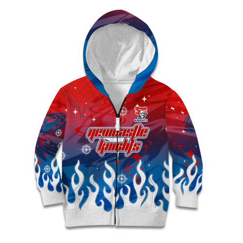 Personalized Newcastle Knights Kid Hoodie Y2K Grunge Aesthetic With Cyber Flames and Starburst Graphics