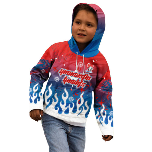 Personalized Newcastle Knights Kid Hoodie Y2K Grunge Aesthetic With Cyber Flames and Starburst Graphics