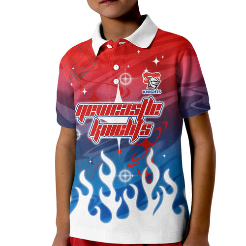 Personalized Newcastle Knights Kid Polo Shirt Y2K Grunge Aesthetic With Cyber Flames and Starburst Graphics