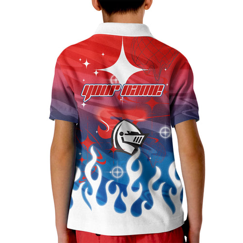 Personalized Newcastle Knights Kid Polo Shirt Y2K Grunge Aesthetic With Cyber Flames and Starburst Graphics