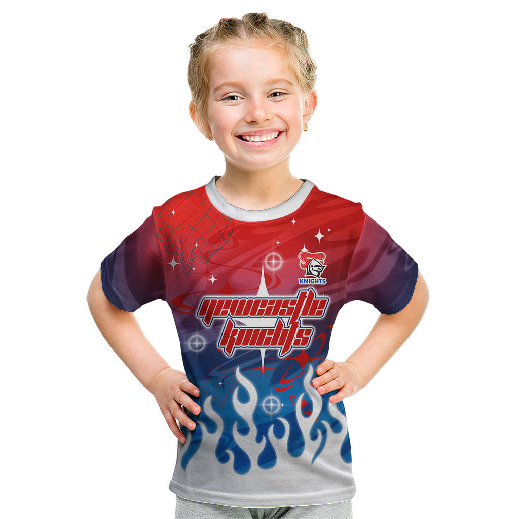 Personalized Newcastle Knights Kid T Shirt Y2K Grunge Aesthetic With Cyber Flames and Starburst Graphics