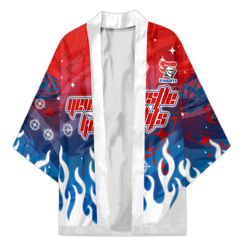 Personalized Newcastle Knights Kimono Y2K Grunge Aesthetic With Cyber Flames and Starburst Graphics