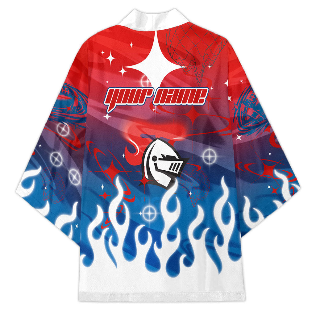 Personalized Newcastle Knights Kimono Y2K Grunge Aesthetic With Cyber Flames and Starburst Graphics