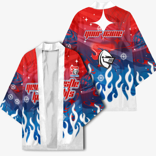 Personalized Newcastle Knights Kimono Y2K Grunge Aesthetic With Cyber Flames and Starburst Graphics