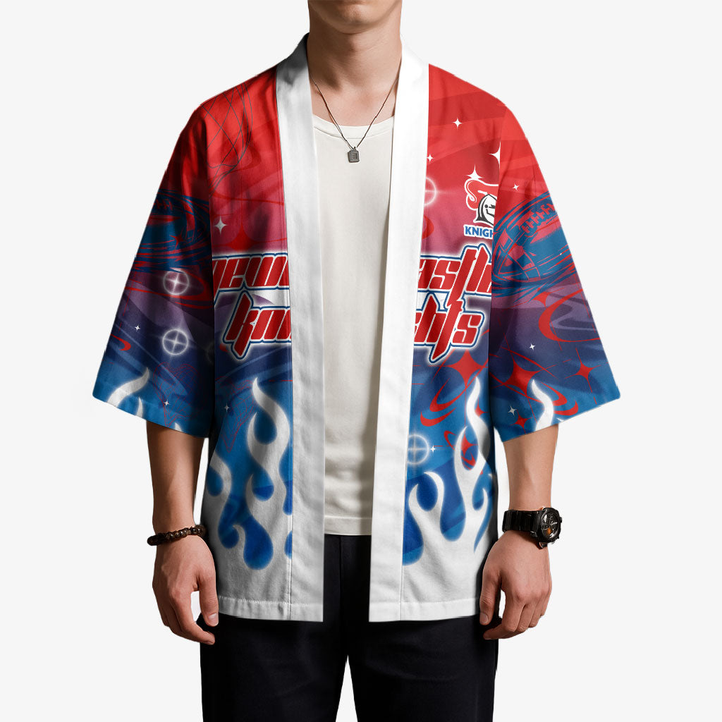 Personalized Newcastle Knights Kimono Y2K Grunge Aesthetic With Cyber Flames and Starburst Graphics