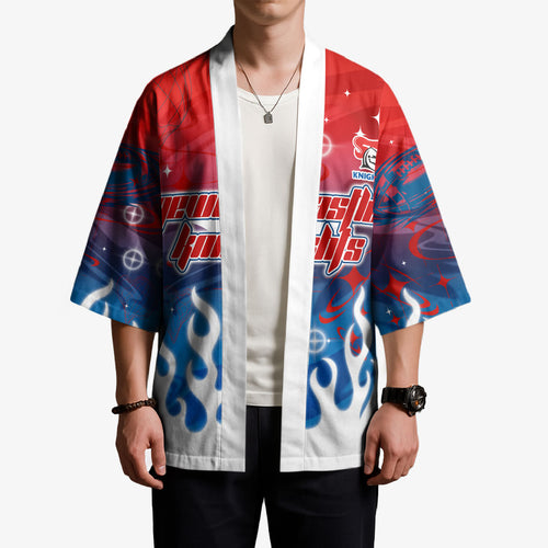 Personalized Newcastle Knights Kimono Y2K Grunge Aesthetic With Cyber Flames and Starburst Graphics