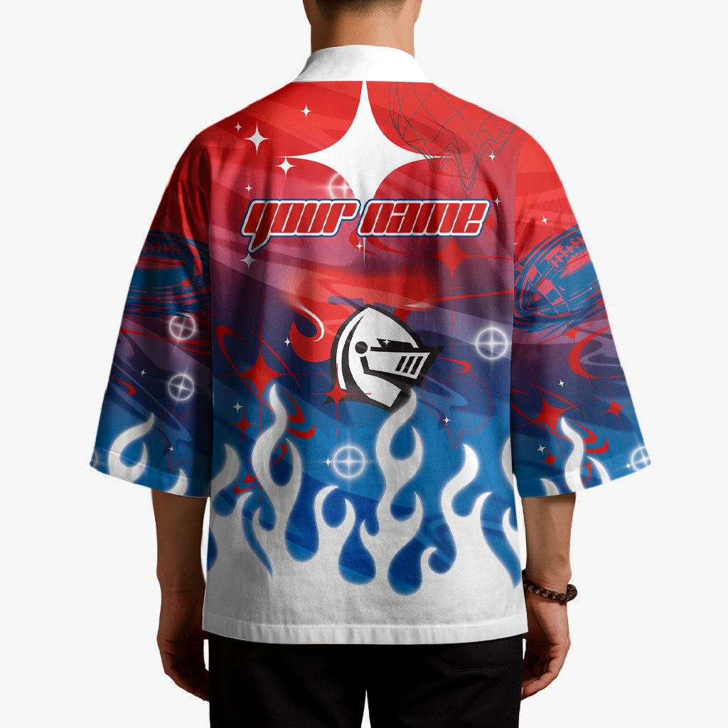 Personalized Newcastle Knights Kimono Y2K Grunge Aesthetic With Cyber Flames and Starburst Graphics