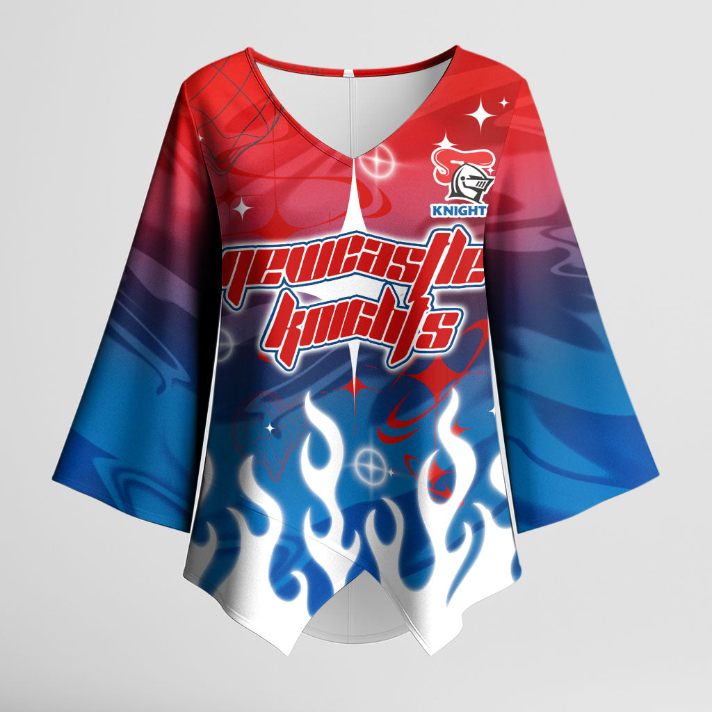 Personalized Newcastle Knights Kimono Sleeve Blouse Y2K Grunge Aesthetic With Cyber Flames and Starburst Graphics