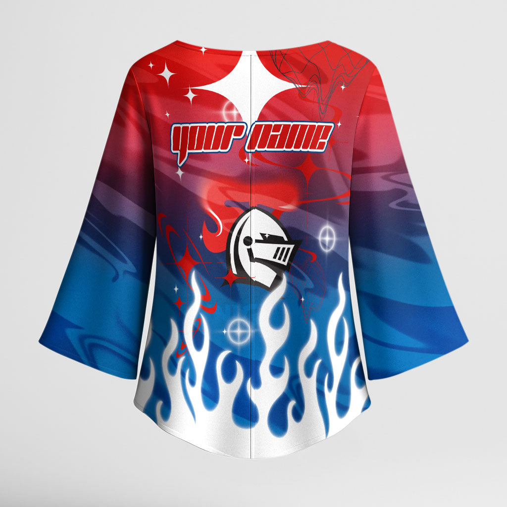 Personalized Newcastle Knights Kimono Sleeve Blouse Y2K Grunge Aesthetic With Cyber Flames and Starburst Graphics