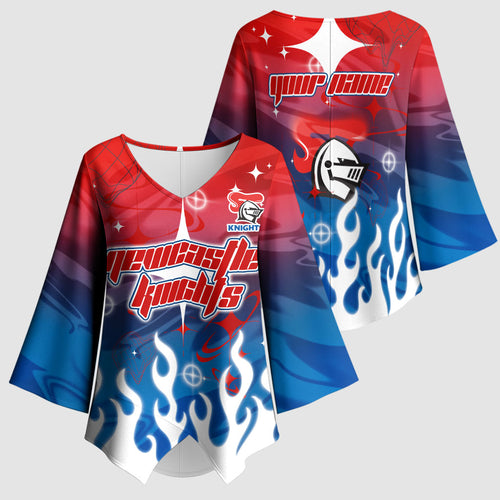 Personalized Newcastle Knights Kimono Sleeve Blouse Y2K Grunge Aesthetic With Cyber Flames and Starburst Graphics