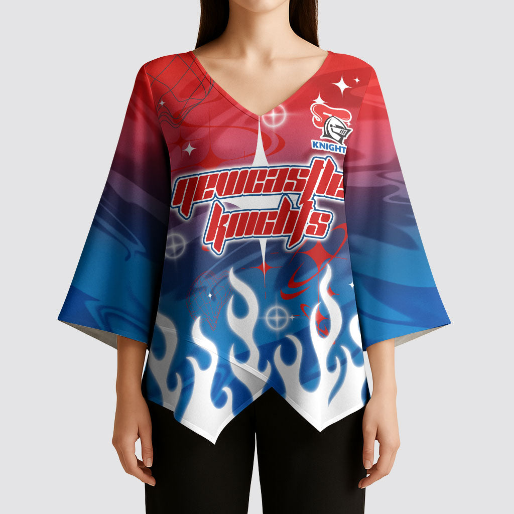 Personalized Newcastle Knights Kimono Sleeve Blouse Y2K Grunge Aesthetic With Cyber Flames and Starburst Graphics